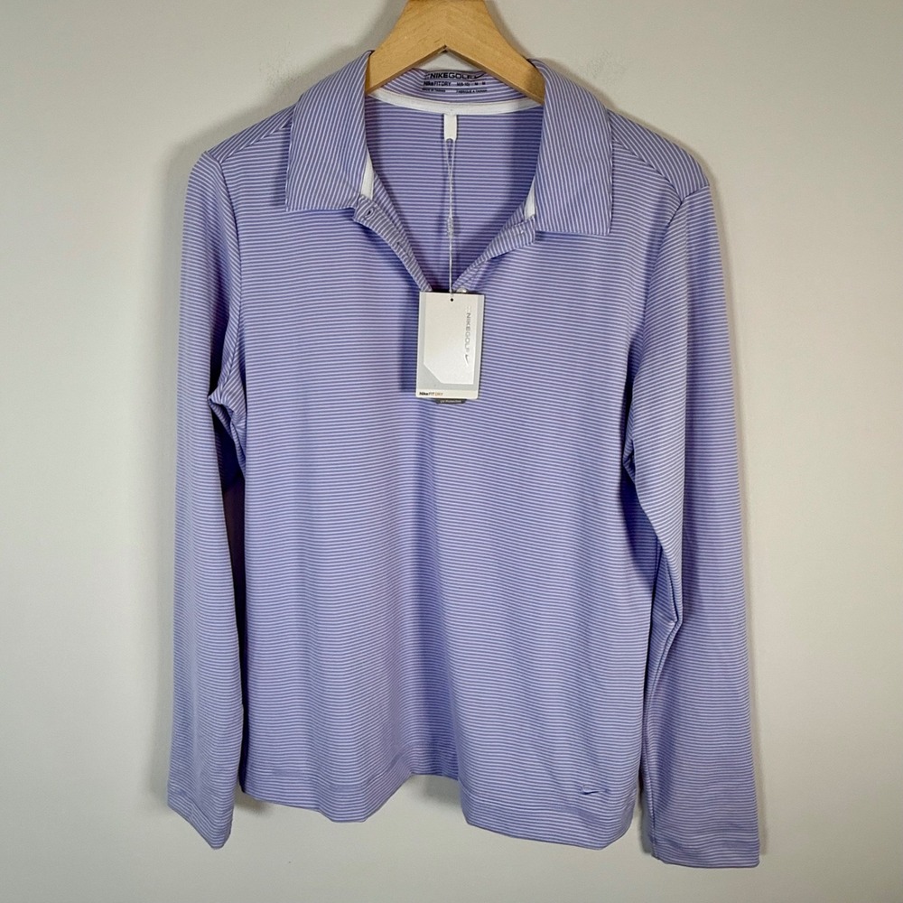 NEW Nike Golf Nike Fit Dry Long Sleeve Polo‎ Shirt Medium Purple Striped UV NWT